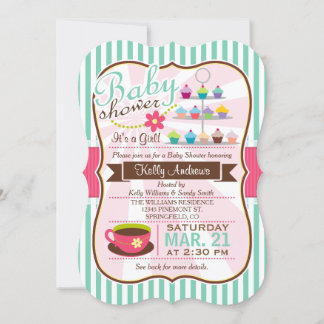 Invitation Tea vert, Brown et rose, Baby shower de cupcake
