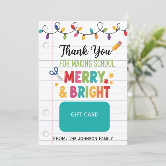 Invitation Teacher Gift Card Holder Merry & Bright Christmas (Debout devant)