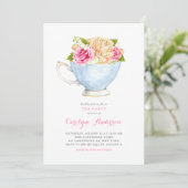 Invitation Teacup Aquarelle Bouquet Fleurs Tea Party (Debout devant)