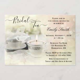Invitation Teacup blanc et argent Shimmer Fête des mariées Te