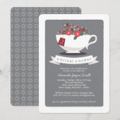 Invitation Teacup Coral Floral Monogramme Fête de l'mariée (Devant / Derrière)