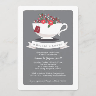 Invitation Teacup Coral Floral Monogramme Fête de l'mariée