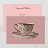 Invitation Teacup et soucoupes roses avec Roses (Devant / Derrière)