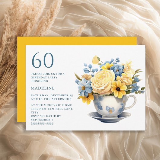 Invitation Teacup Fleurs bleu jaune 60e anniversaire