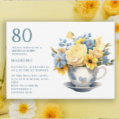 Invitation Teacup Fleurs bleu jaune 80e anniversaire