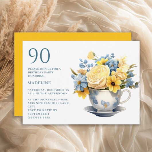 Invitation Teacup Fleurs bleu jaune 90e anniversaire