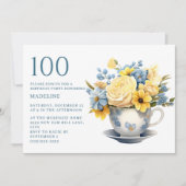 Invitation Teacup Fleurs Bleues Jaunes 100e anniversaire (Devant)