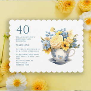 Invitation Teacup Fleurs Bleues Jaunes 40e anniversaire