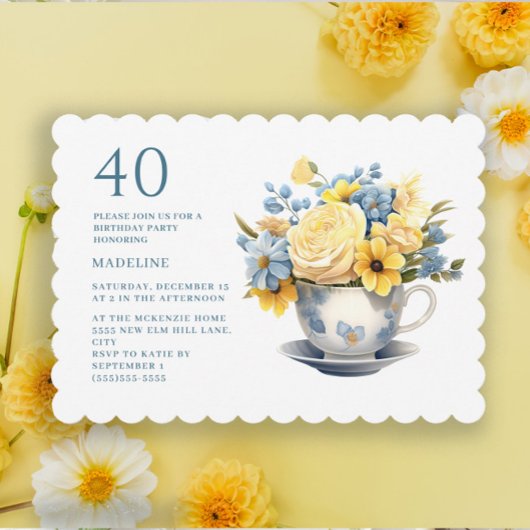Invitation Teacup Fleurs Bleues Jaunes 40e anniversaire