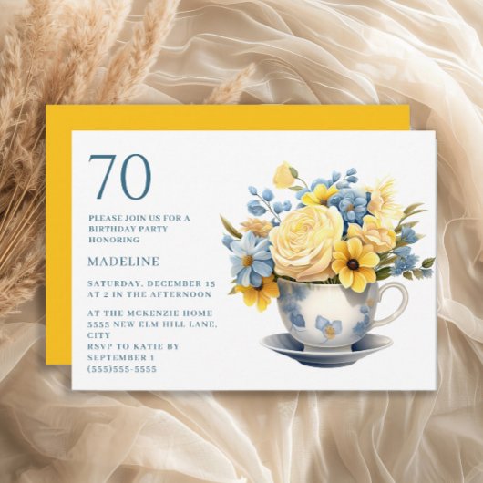 Invitation Teacup Fleurs Bleues Jaunes 70e anniversaire
