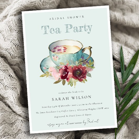 Invitation Teacup turquoise Gold Floral Fête des mariées Tea