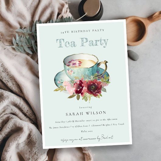 Invitation Teacup turquoise Gold Floral N'importe quel âge An