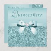 Invitation Teal a imprimé les paillettes et l'arc Quinceanera (Devant / Derrière)