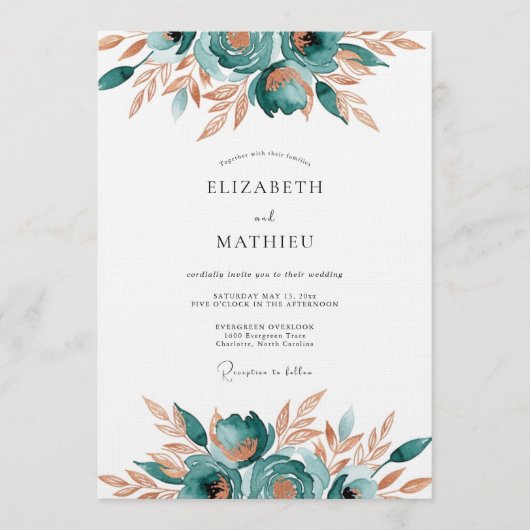 Invitation Teal Abstract Floral Romance Wedding (Devant)