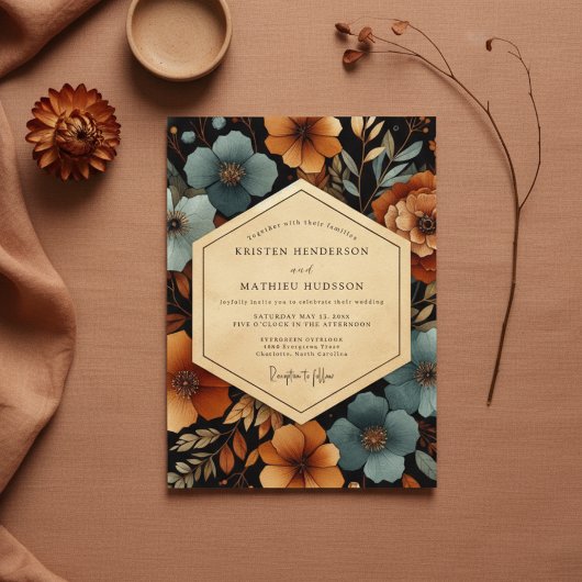 Invitation Teal Amber Floral Autumn Wedding