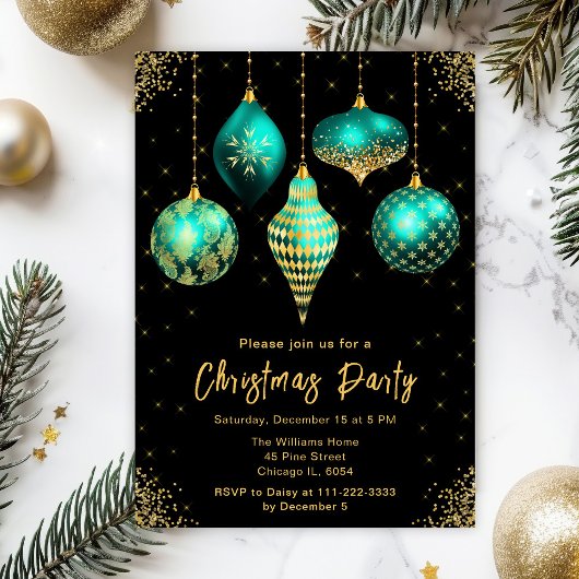 Invitation Teal and Gold Ornaments Christmas Party