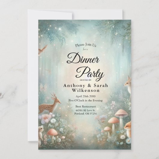 Invitation Teal and Peach Enchanted Forest Restaurant Dinner (Devant)