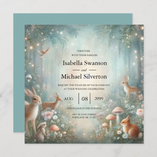 Invitation Teal and Peach Enchanted Forest Wedding (Devant / Derrière)