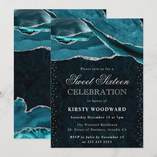 Invitation Teal and Silver Glitter Agate Sweet 16 (Devant / Derrière)