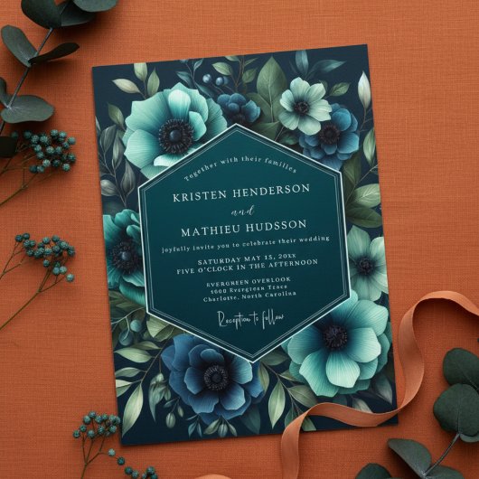 Invitation Teal Anemone Moody Romance Wedding
