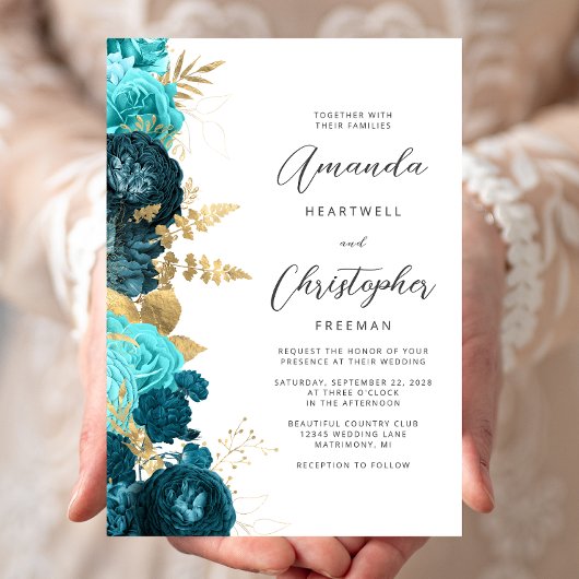 Invitation Teal Aqua Floral Gold Script Wedding
