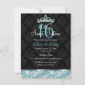 Invitation Teal Black Damask & Tiara Sweet 16 (Devant)