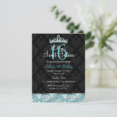 Invitation Teal Black Damask & Tiara Sweet 16 (Debout devant)