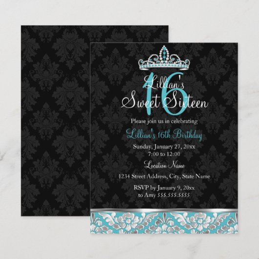 Invitation Teal Black Damask & Tiara Sweet 16 (Devant / Derrière)