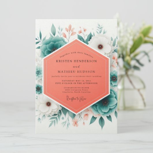 Invitation Teal Bloom Romantic Wedding (Debout devant)