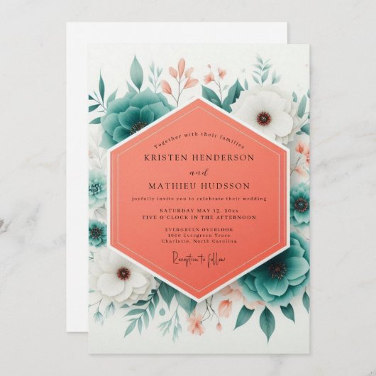 Invitation Teal Bloom Romantic Wedding (Devant / Derrière)