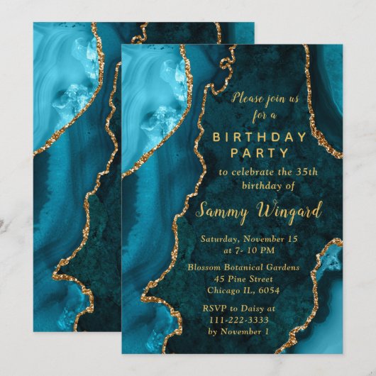 Invitation Teal Blue and Gold Agate Marble Birthday Party (Devant / Derrière)