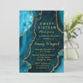Invitation Teal Blue and Gold Agate Marble Sweet Sixteen (Debout devant)