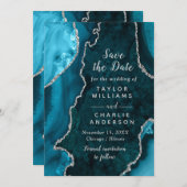 Invitation Teal Blue and Silver Agate Marble Save The Date (Devant / Derrière)