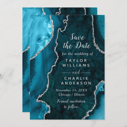 Invitation Teal Blue and Silver Agate Marble Save The Date (Devant / Derrière)