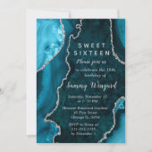 Invitation Teal Blue and Silver Agate Marble Sweet Sixteen (Devant)