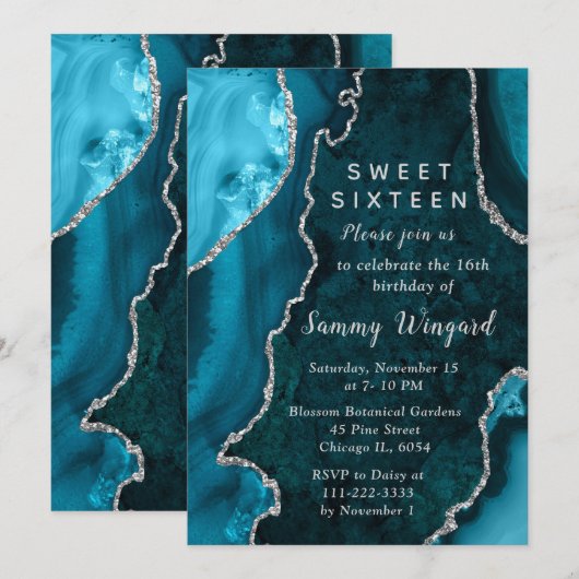 Invitation Teal Blue and Silver Agate Marble Sweet Sixteen (Devant / Derrière)