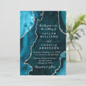 Invitation Teal Blue and Silver Agate Marble Wedding (Debout devant)
