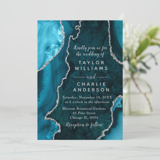 Invitation Teal Blue and Silver Agate Marble Wedding (Debout devant)