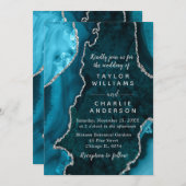 Invitation Teal Blue and Silver Agate Marble Wedding (Devant / Derrière)