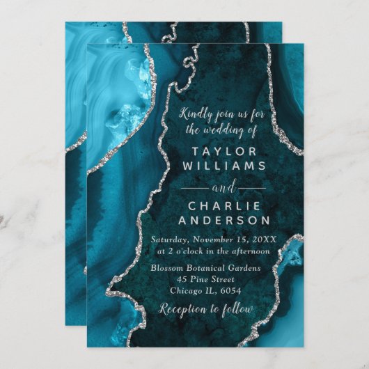 Invitation Teal Blue and Silver Agate Marble Wedding (Devant / Derrière)