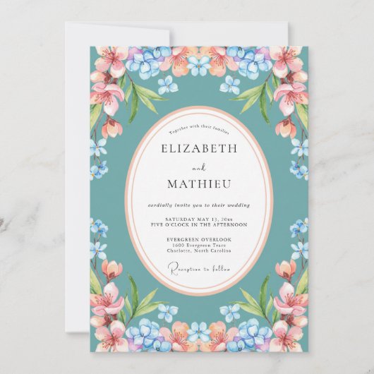 Invitation Teal Blue Bright Botanical Wedding (Devant)