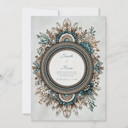 Invitation Teal Blue Brown Feather Floral Rustic Wedding (Devant)