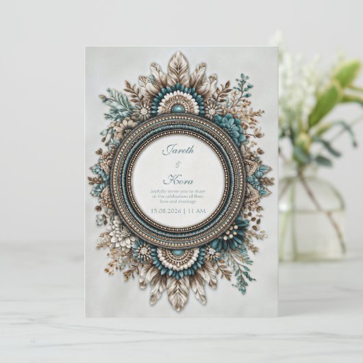 Invitation Teal Blue Brown Feather Floral Rustic Wedding (Debout devant)