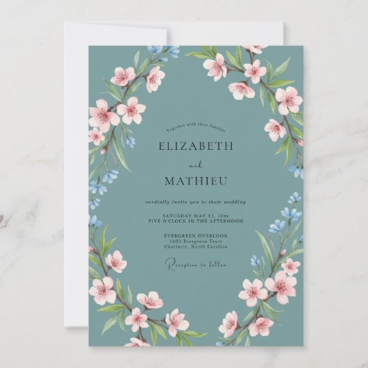 Invitation Teal Blue Graceful Blossom Wedding (Devant)