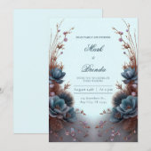 Invitation Teal Blue Modern Symmetrical Botanical Wedding (Devant / Derrière)