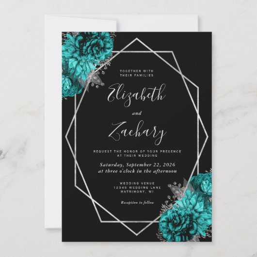 Invitation Teal Blue Silver Floral Black Wedding (Devant)