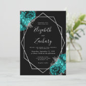 Invitation Teal Blue Silver Floral Black Wedding (Debout devant)
