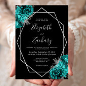 Invitation Teal Blue Silver Floral Black Wedding