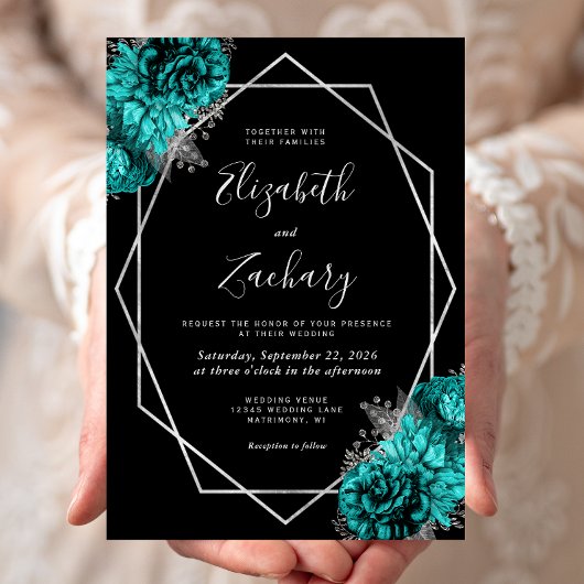 Invitation Teal Blue Silver Floral Black Wedding
