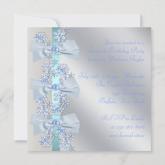 Invitation Teal Blue White Snowflake (Dos)